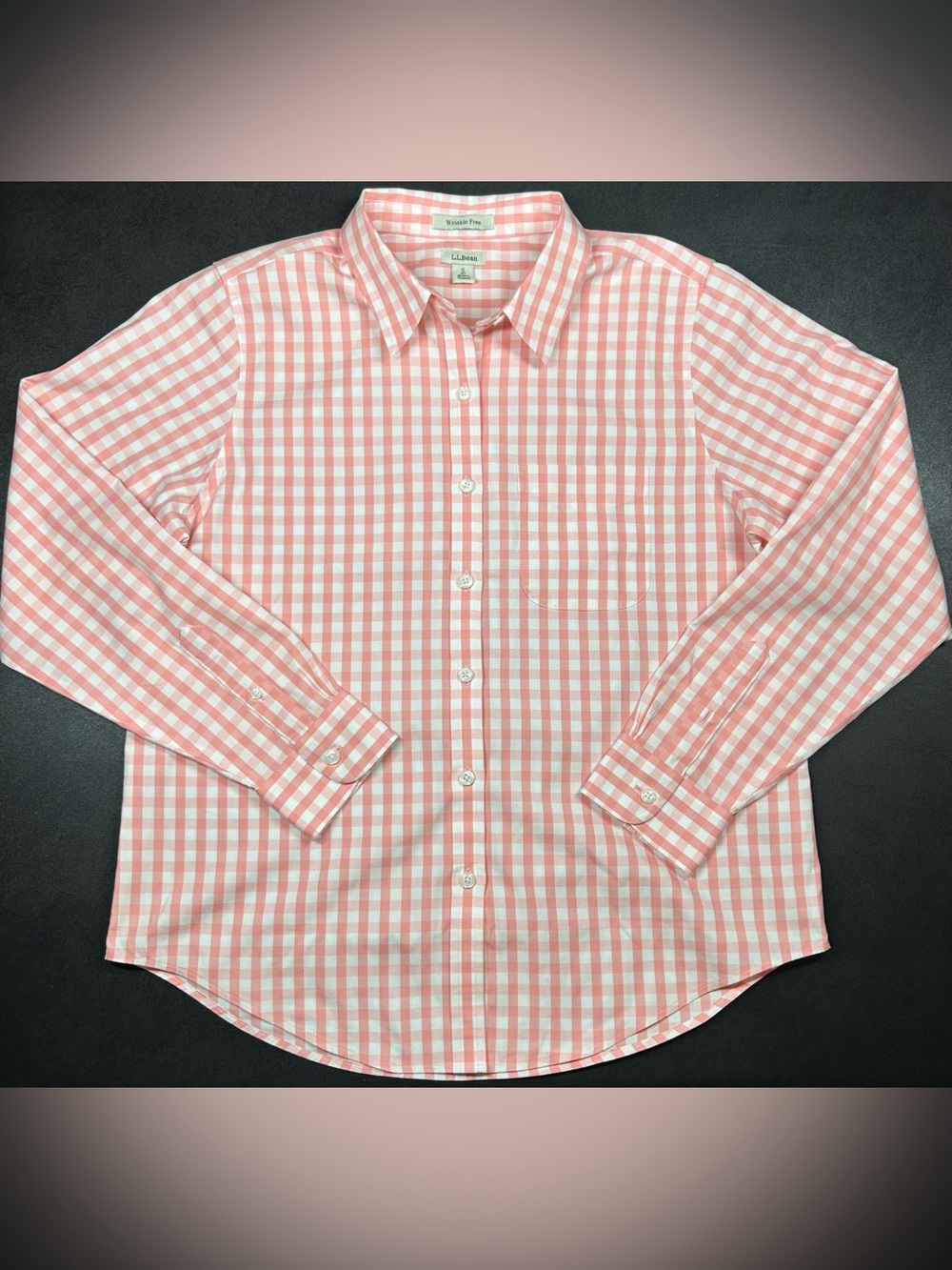 L.L. Bean Coral and White Gingham Button-Down Shirt